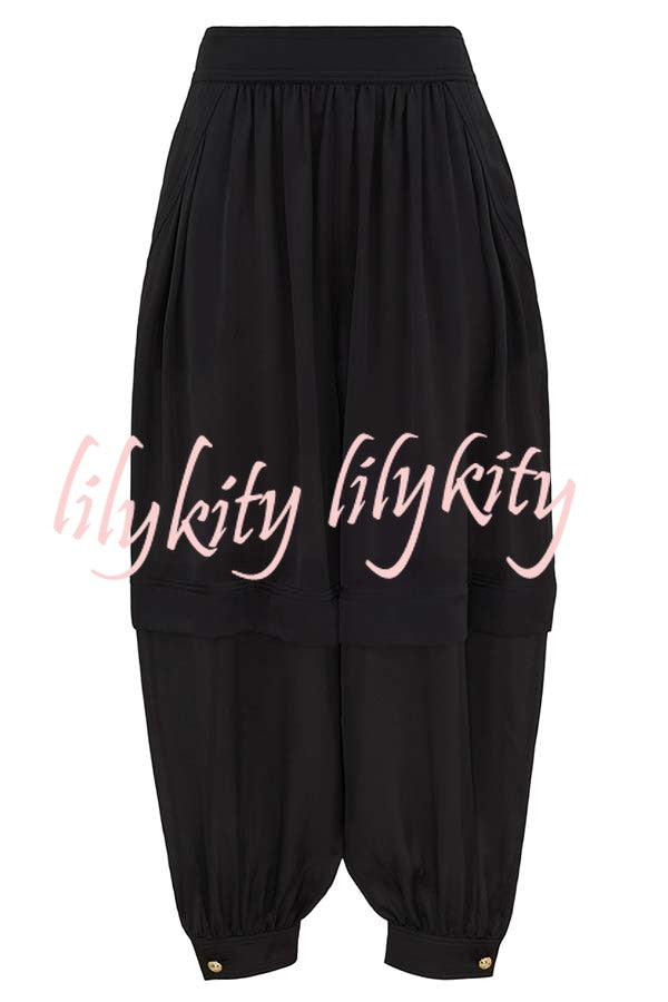 Esella Satin Gathered Waist Pocket Button Ankle Cuffs Harem Pant