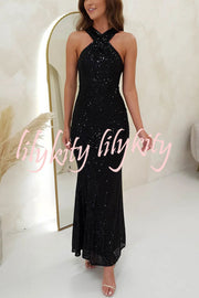 Time To Sparkle Sequin Cross Halter Neck Backless Maxi Dress