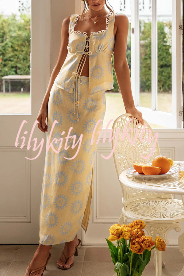 Fabulous Sunshine Print Lace Backless Slit Skirt Suit