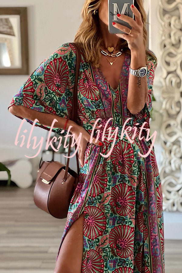 Bohemian Ways Batwing Sleeve Slit Maxi Dress