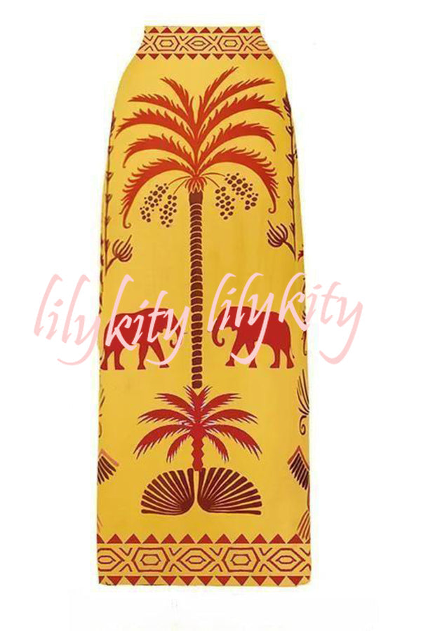 Color Block Art Elephant Print High Waist Bikini And Skirt