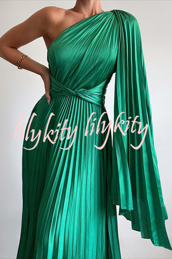 Keira One Shoulder Pleated Satin Maxi Dress