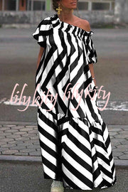 Exquisite Striped Patchwork Bell Sleeve Pocket Maxi Dress