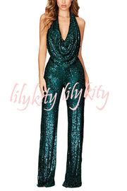 Shimmering Halter Style Drape Neck Wide Leg Jumpsuit