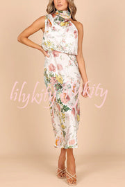 Wine Country Dates Floral Halter Neck Elastic Waist Maxi Dress