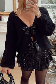 Misty Starlight Tie Front Sequin Bow Loose Sweater