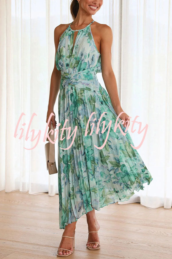 Sunny Forecast Floral Cutout Neck Pleated Midi Dress