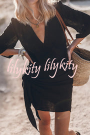 Easy Breezy Cotton Linen Blend Knotted Wrap Mini Dress