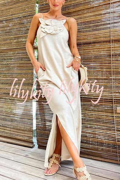 Vacay Ready Linen Blend Floral Embellishment Pocketed Slit Maxi Dress