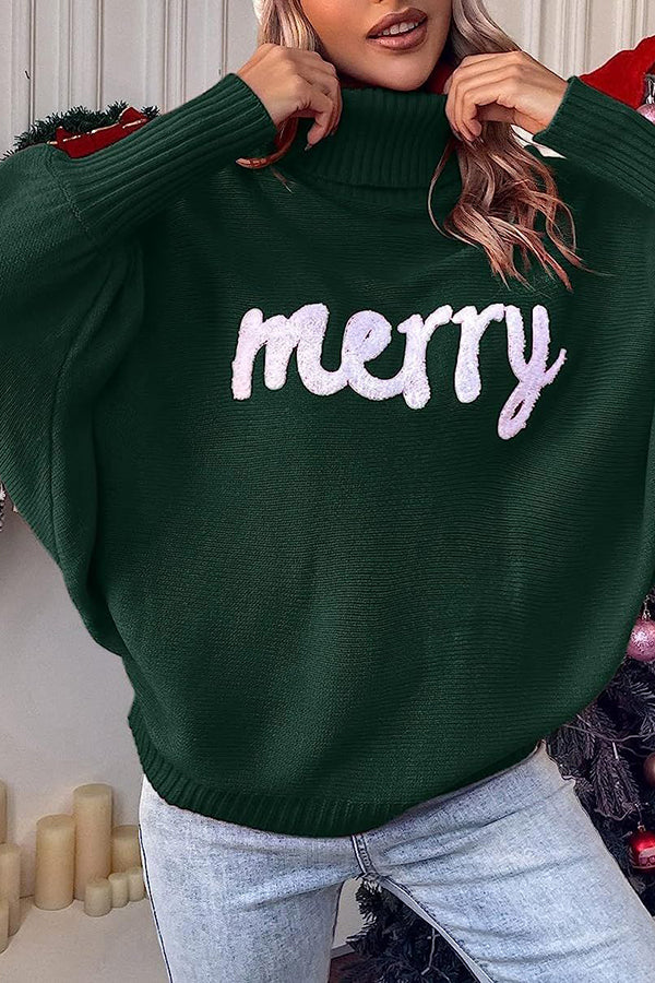 Happy Holidays Contrast Monogram Turtleneck Dolman Sleeve Sweater