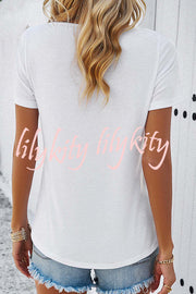 Casual Solid Color Short Sleeved V Neck Hollow T-Shirt