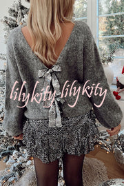 Misty Starlight Tie Front Sequin Bow Loose Sweater