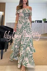 Plant Smiles Printed Off Shoulder Elastic Waist Maxi Dress