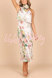 Wine Country Dates Floral Halter Neck Elastic Waist Maxi Dress