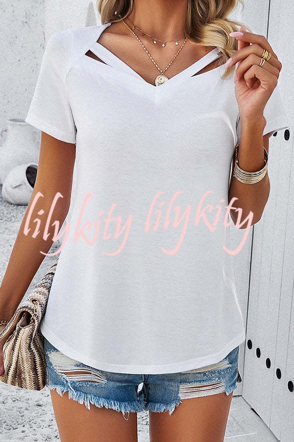 Casual Solid Color Short Sleeved V Neck Hollow T-Shirt