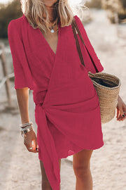 Easy Breezy Cotton Linen Blend Knotted Wrap Mini Dress