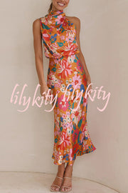 Fascinating Day Floral Halter Neck Elastic Waist Maxi Dress