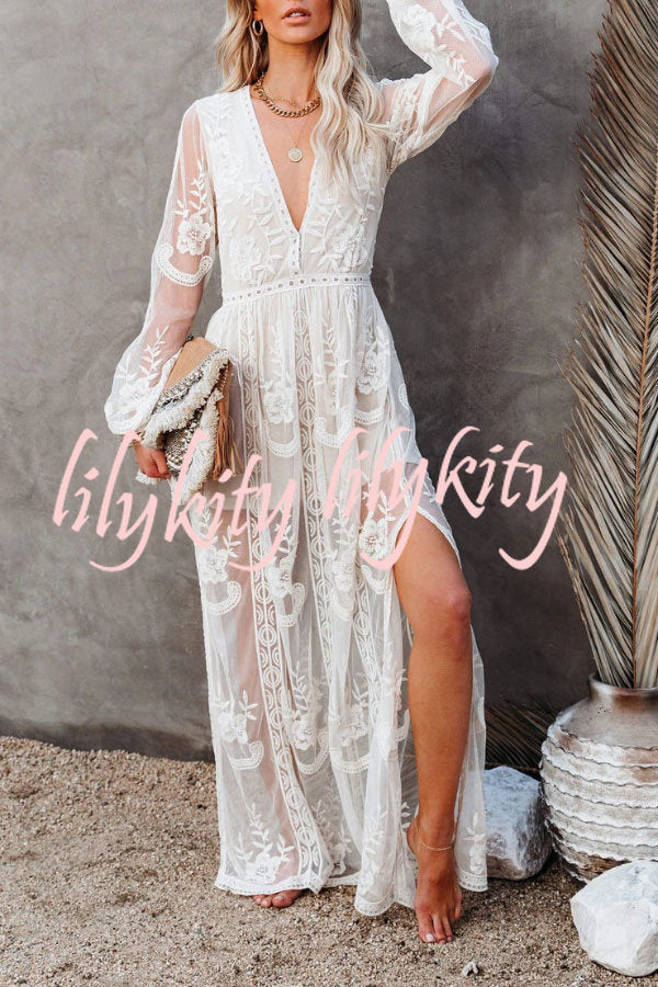 Fairy Air Fluttering V-neck See-through Lace Dress