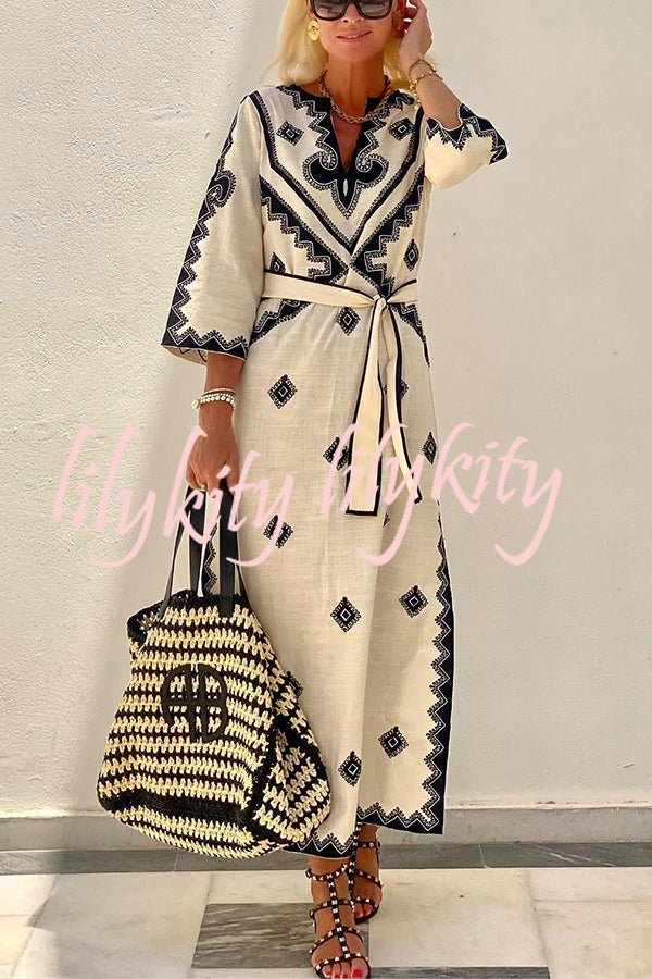 Quiet Atmosphere Linen Blend Ethnic Print Belted Midi Dress