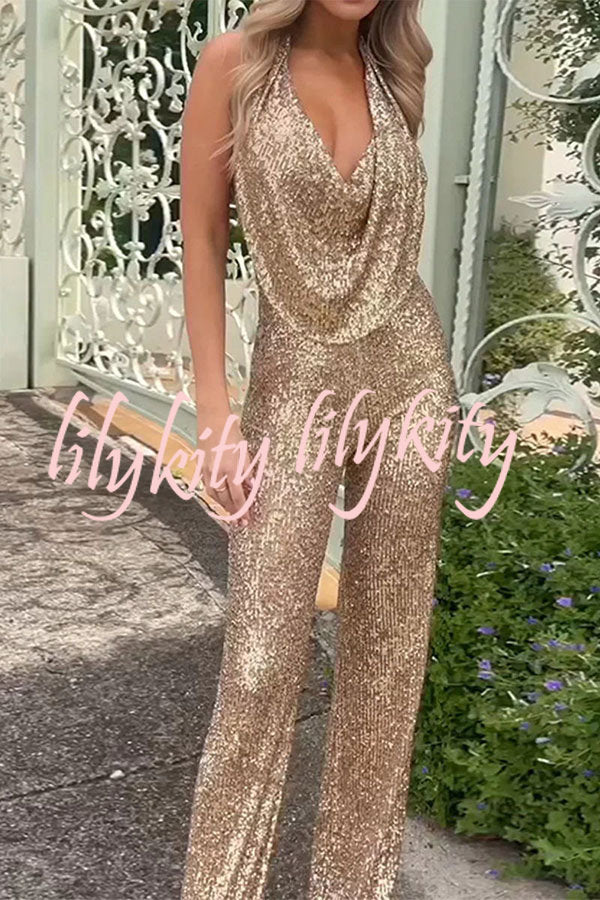 Shimmering Halter Style Drape Neck Wide Leg Jumpsuit