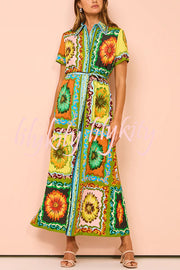 Exaggerated Unique Print Lace Up Button Maxi Dress