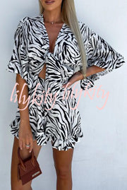 Zebra Print Ruffled Sleeves Dropped Sleeves V Neck Tie High Waist Romper