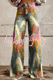 Casual Floral Print Button Pocket Wide Leg Pants