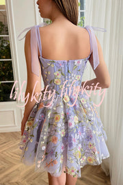 Lavender Floral Lace Up High Waisted Back Zip Mini Dress