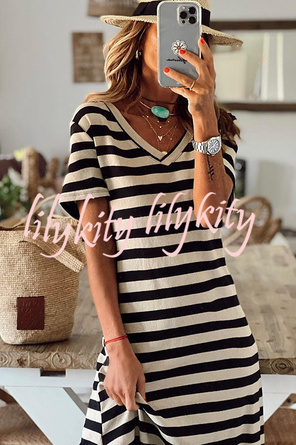 Brilliant Basics Stripe V Neck Casual Midi Dress