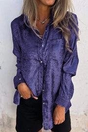 First and Fabulous Metallic Fabric Button Up Long Sleeve Loose Blouse