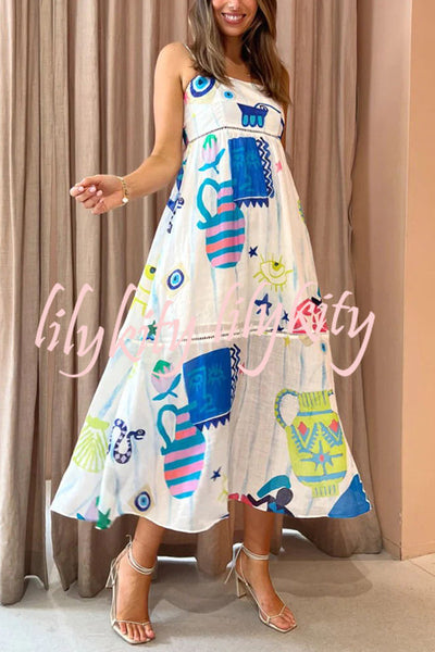 She's The Fun Linen Blend Playful Print Ladder Trim Midi Dress