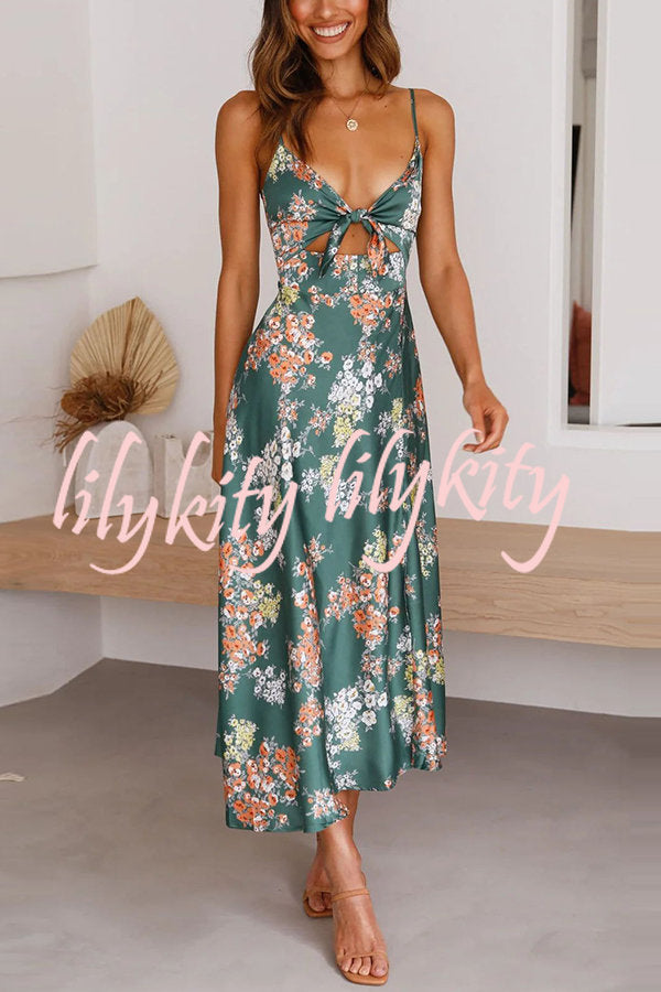 Dreamers Satin Floral Tie Up Slit Midi Dress