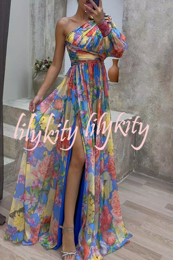 Let's Elope Floral Print Pleated One Shoulder Sleeve Slit Maxi Dress