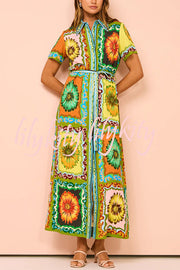 Exaggerated Unique Print Lace Up Button Maxi Dress