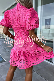 Ever So Sweet Crochet Lace Puff Sleeve Mini Dress