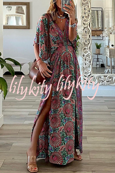 Bohemian Ways Batwing Sleeve Slit Maxi Dress