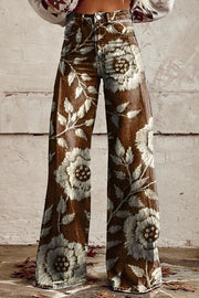 Casual Floral Print Button Pocket Wide Leg Pants