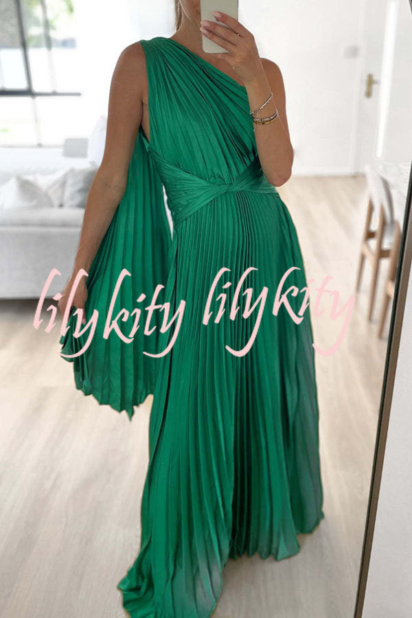 Keira One Shoulder Pleated Satin Maxi Dress