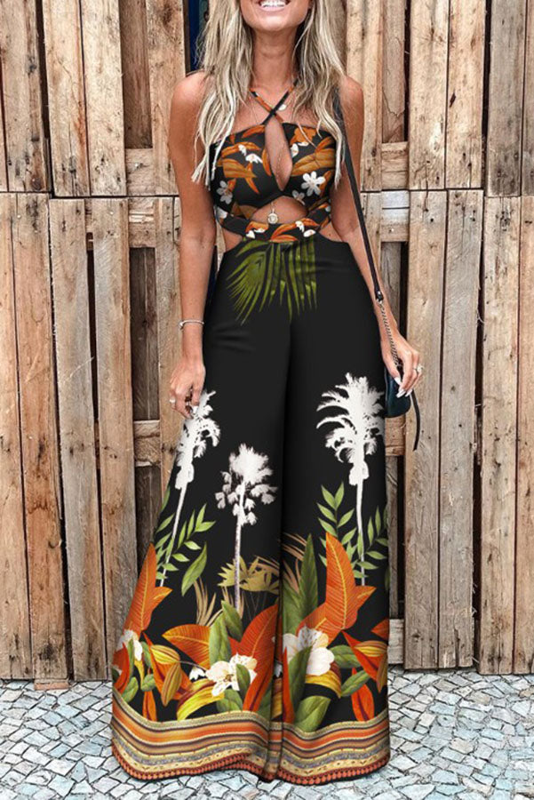 Tropical Palm Leaf Print Cutout Elastic Waist Flare Jumpsuit