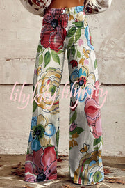 Casual Floral Print Button Pocket Wide Leg Pants