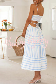 Exquisite Striped Suspender Hollow Pleated Patchwork Lace Up Midi Dress