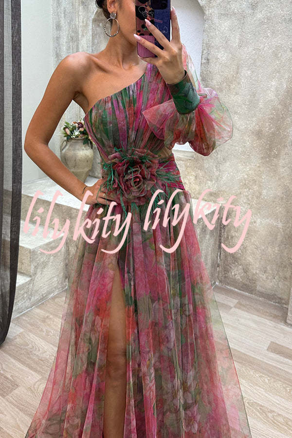 Picturesque Beauty Tulle Floral Pleated One Shoulder Sleeve Slit Maxi Dress