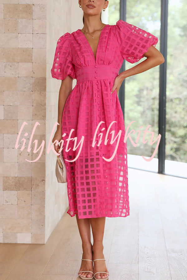 Remarkable Beauty Square Patterned Fabric Puff Sleeve Midi Dress