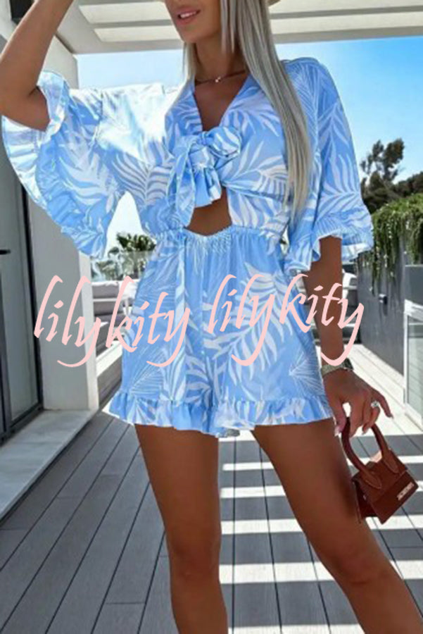 Zebra Print Ruffled Sleeves Dropped Sleeves V Neck Tie High Waist Romper