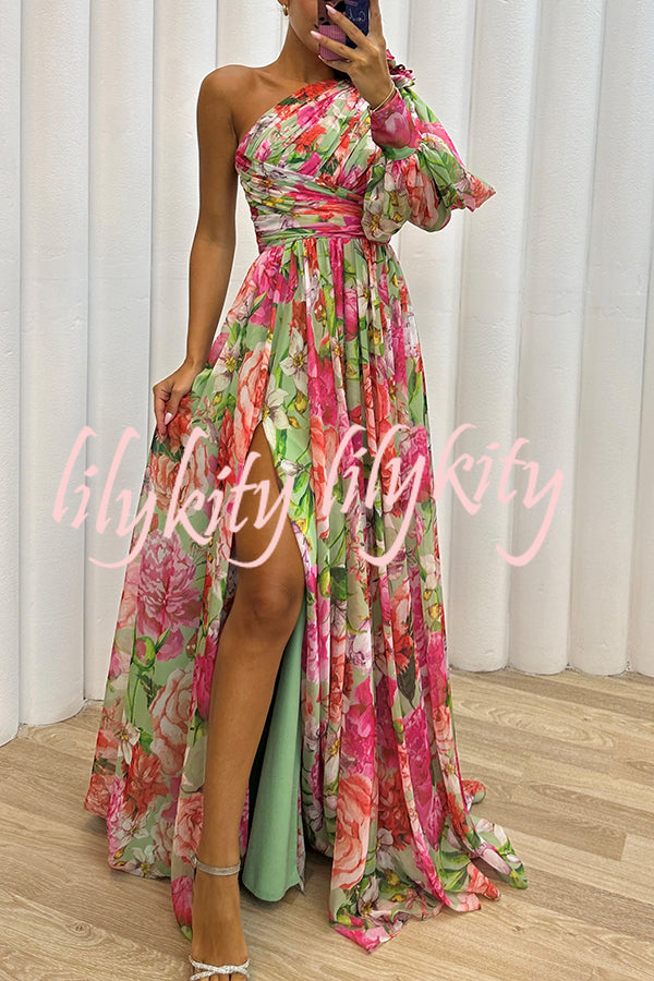 Let's Elope Floral Print Pleated One Shoulder Sleeve Slit Maxi Dress