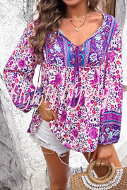 Intricate Floral Print V Neck Lace Up Paneled Long Sleeve Shirt