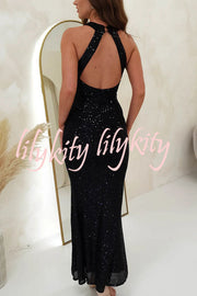 Time To Sparkle Sequin Cross Halter Neck Backless Maxi Dress