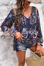 Intricate Floral Print V Neck Lace Up Paneled Long Sleeve Shirt