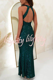 Time To Sparkle Sequin Cross Halter Neck Backless Maxi Dress