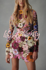 Elegantly Enchanted Floral Applique Backless Long Sleeve Mini Dress